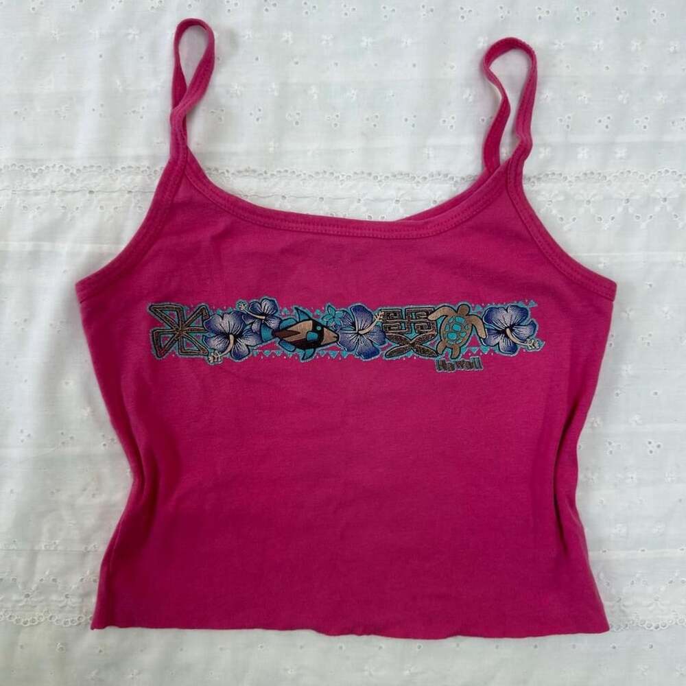 Vintage Y2K Hawaii Graphic Tank Top Pink Hibiscus Sea Turtle